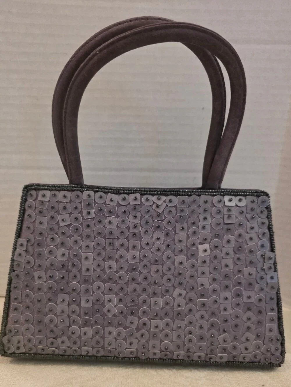 Reaction Vintage Grsy Satin Bag w/ Square Beaded Sequins Soft Handles Snap Top